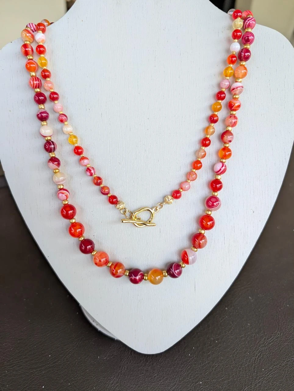 Long Sautoir en pierre d'agate naturelle rouge oranger SA85